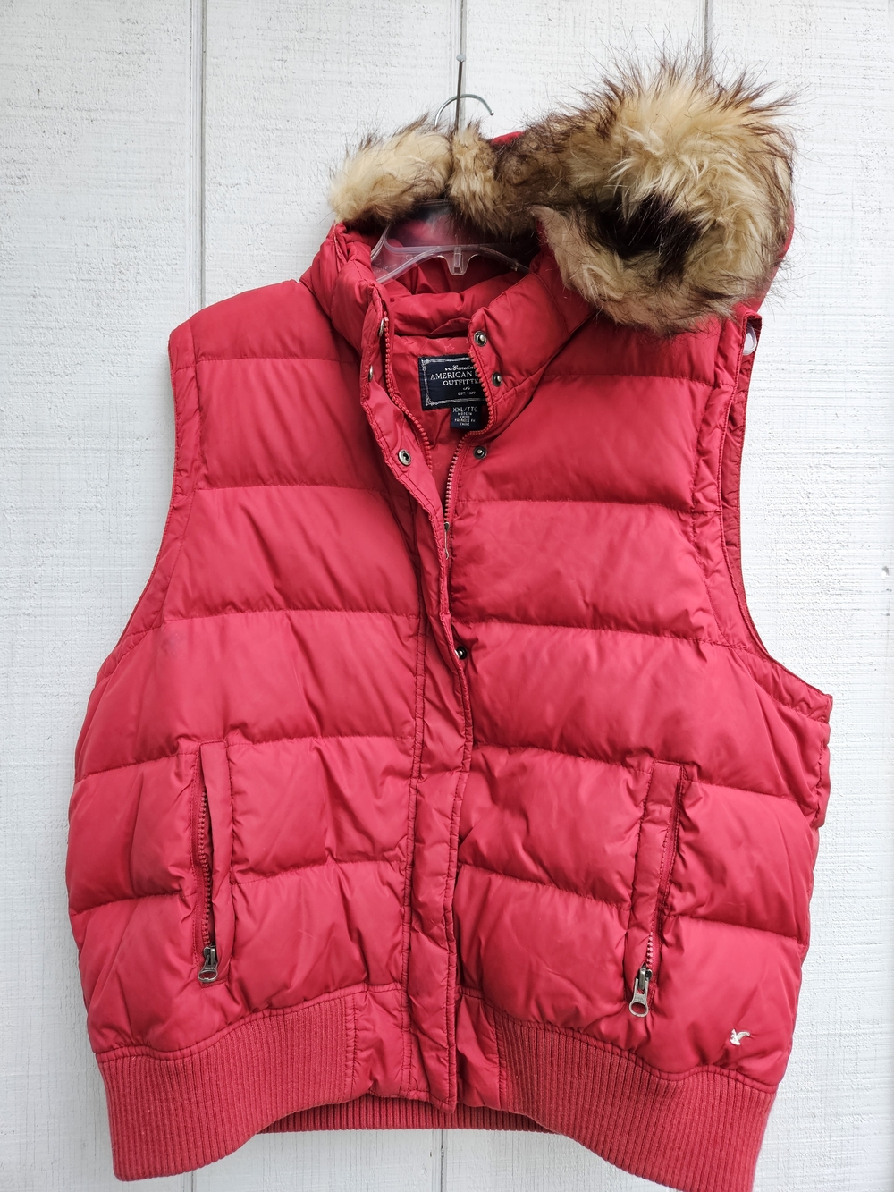 Womens Red Puffer Vest with Faux Fur Hood
